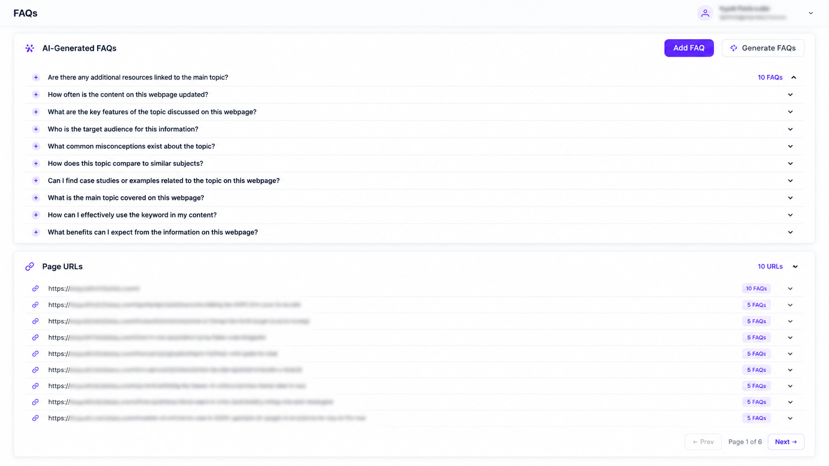 AI generated FAQs screen showing ten questions for the homepage and five FAQs for each content page