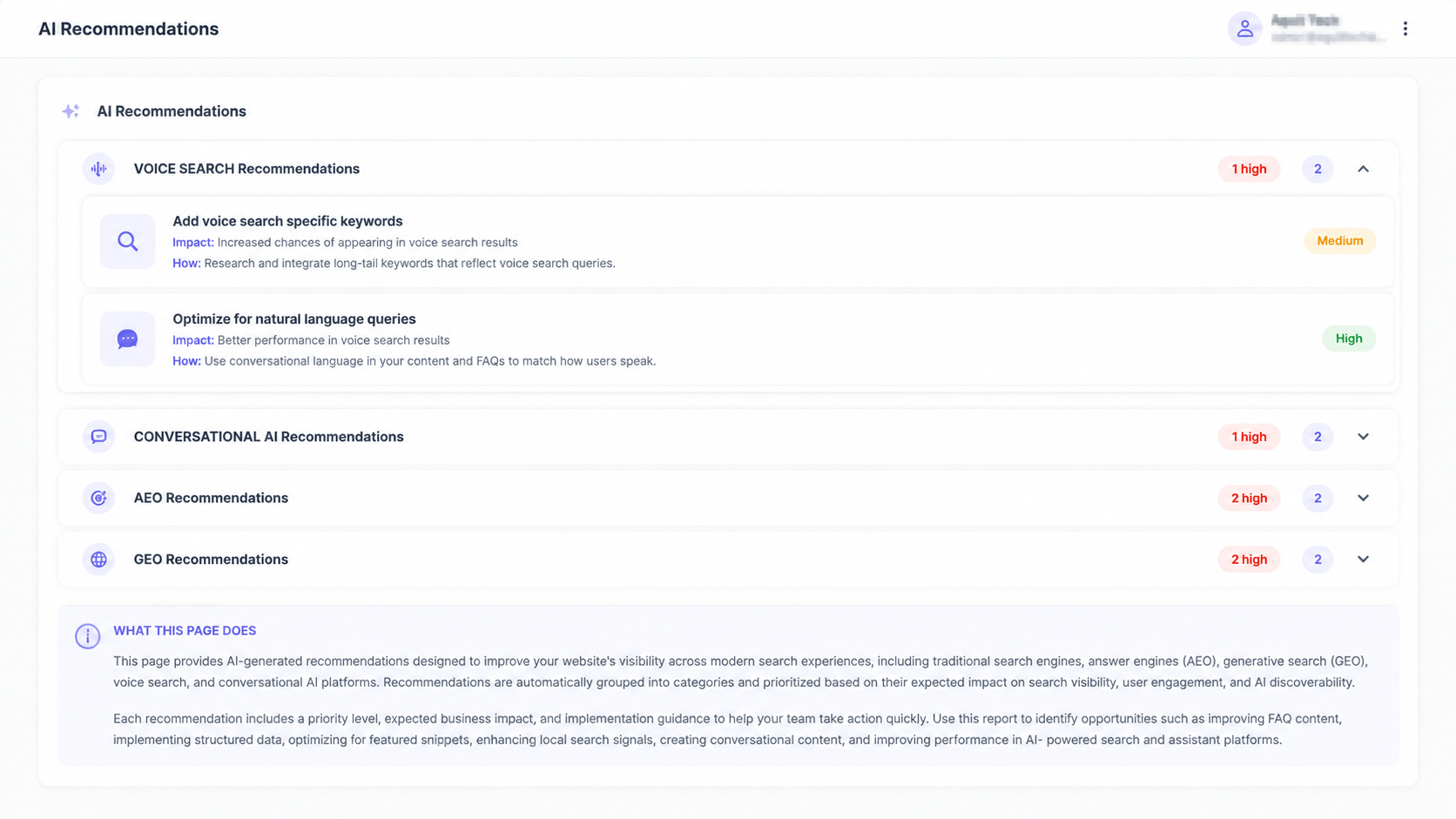 AI recommendations listing specific content and structure changes per page