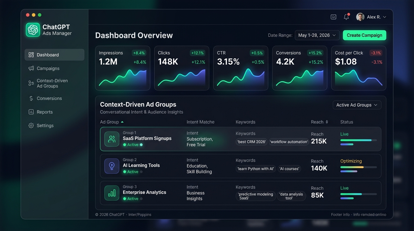 ChatGPT Ads Manager dashboard overview screenshot with neon charts and campaign statistics