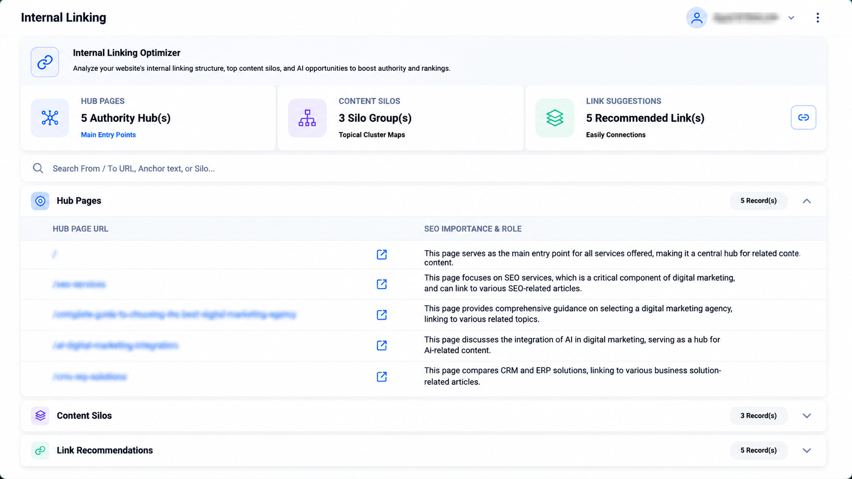 Internal linking dashboard with 619 total suggestions, keyword clusters and a table of source URL, target URL, anchor text and relevance score