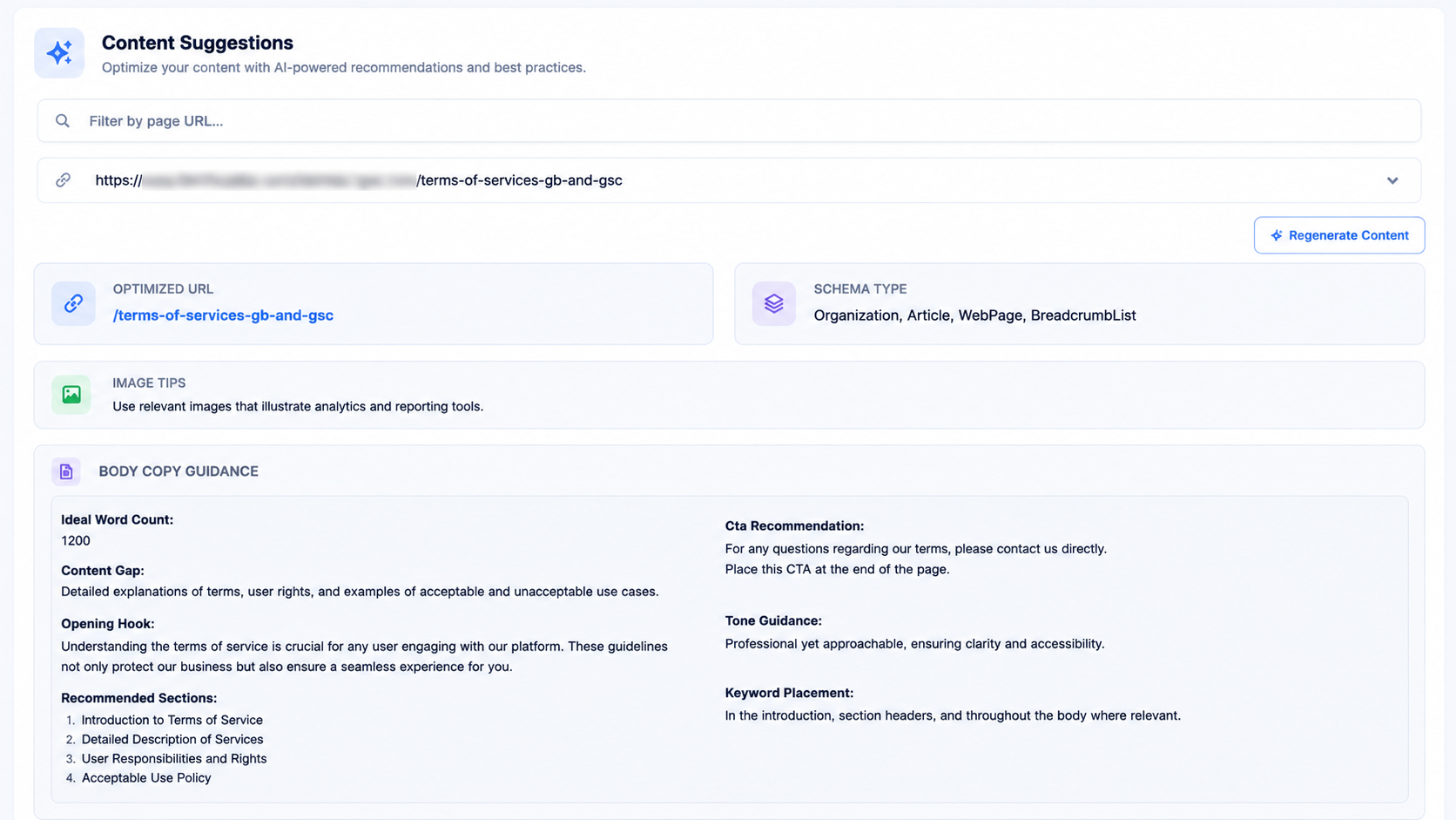 Recommendation cards with generate actions for each suggested content change