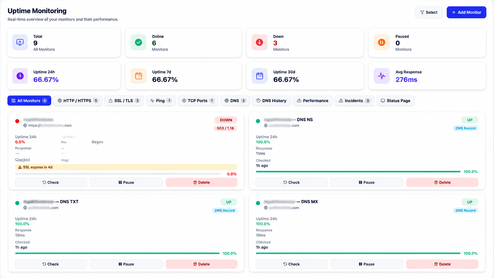 Uptime monitoring dashboard with nine monitors covering HTTPS, DNS NS, TXT, MX, CNAME, A and AAAA records, each showing uptime percentage and status