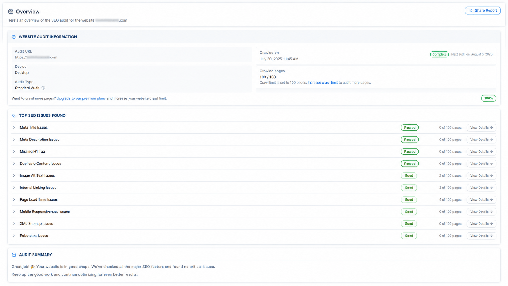 Keywords screen showing an expanded keyword cluster with primary, secondary, short tail and long tail variants plus the mapped page URL