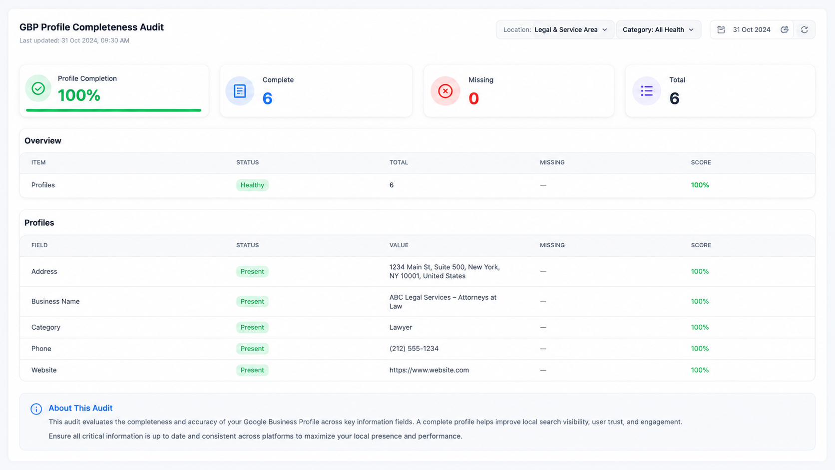 Google Business Profile completeness audit showing a 100 percent score with per-field status for address, business name, category, phone and website