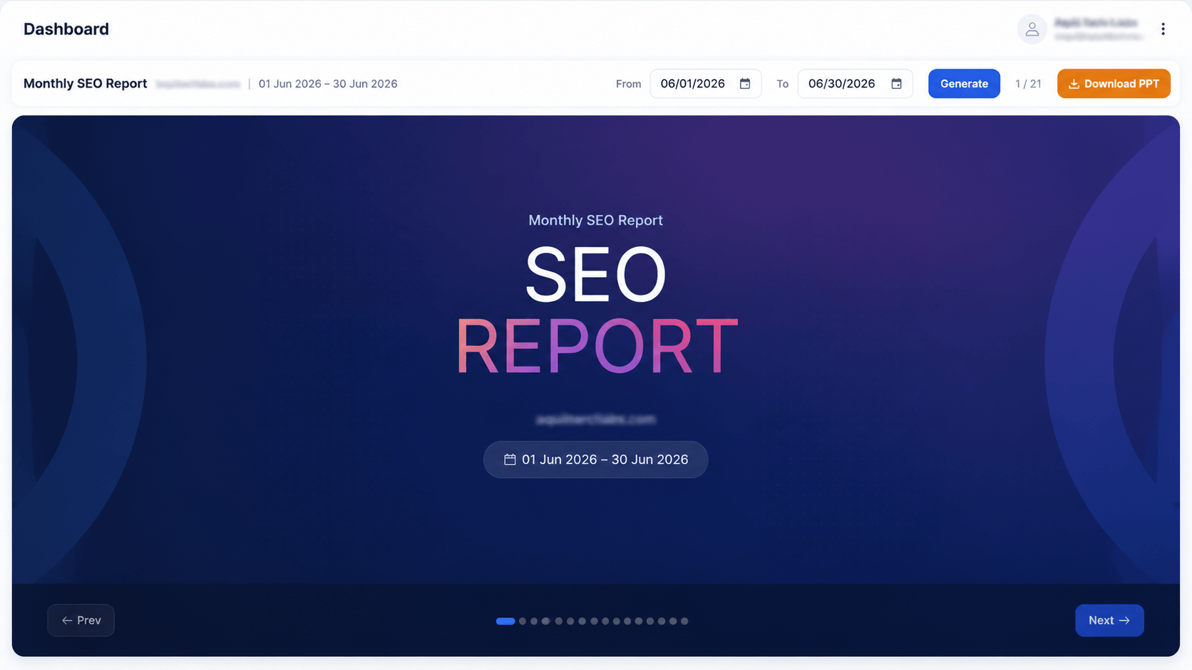 Monthly SEO report summary slide with a date range and download PPT action