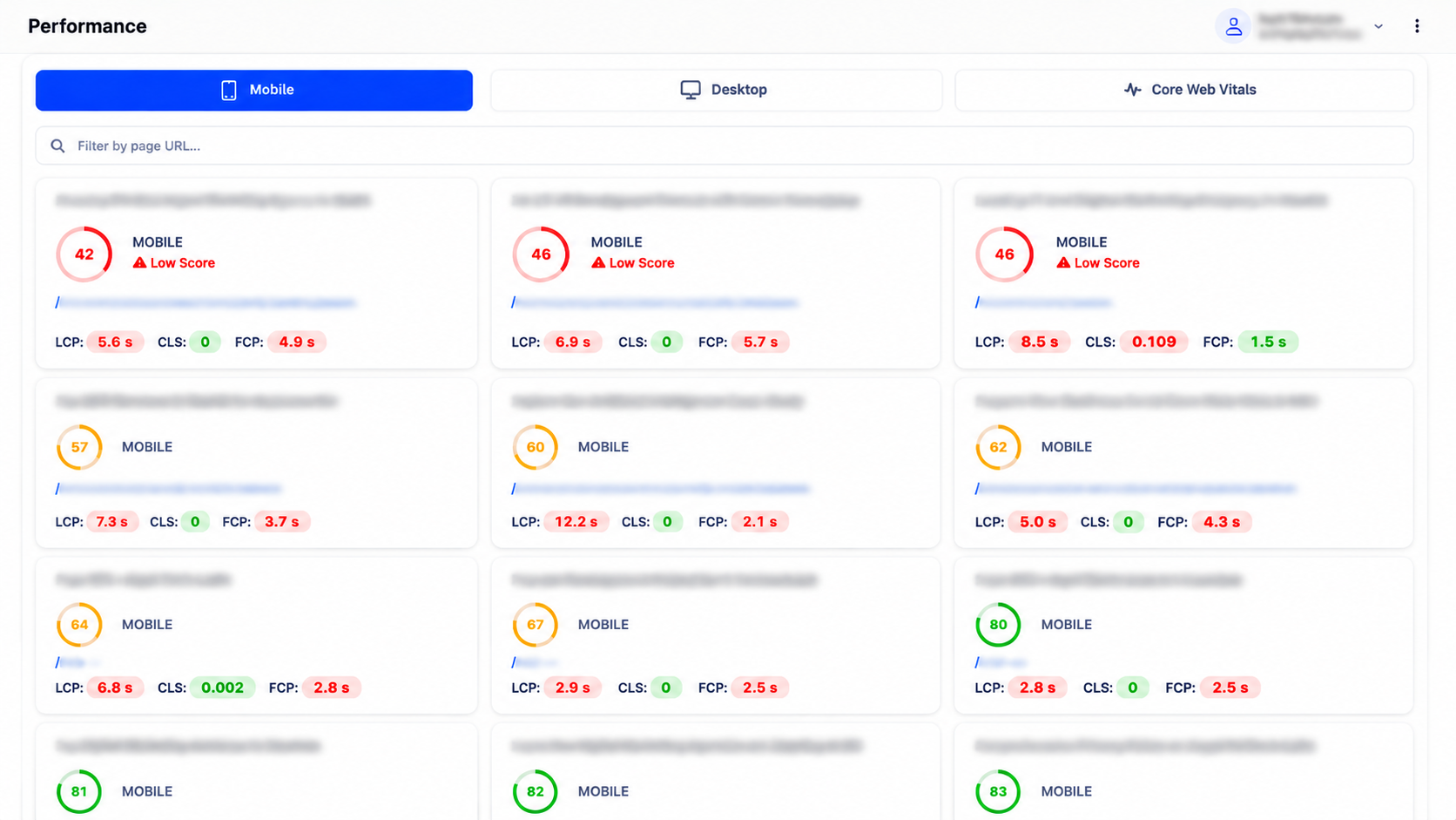 Performance cards showing scores of 42, 46, 52, 56, 60, 64, 67, 80 and 85 for individual pages with their LCP, CLS and FCP values