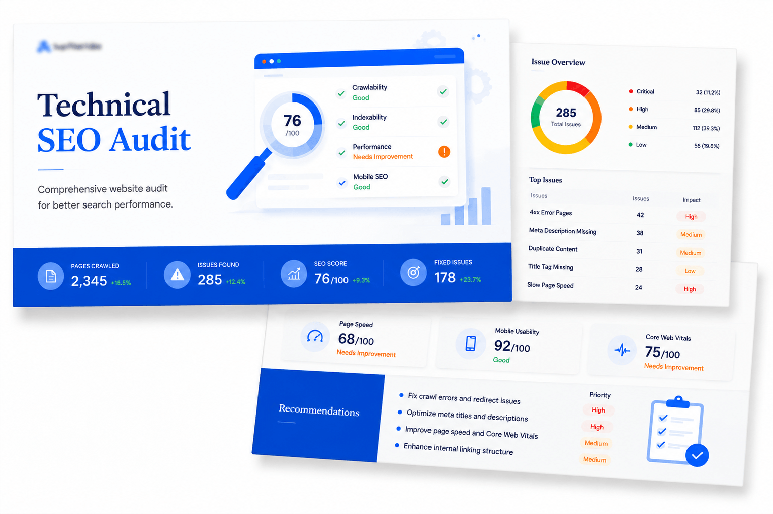 SEO audit overview showing 63 pages crawled, 100% page health and 105 detected issues