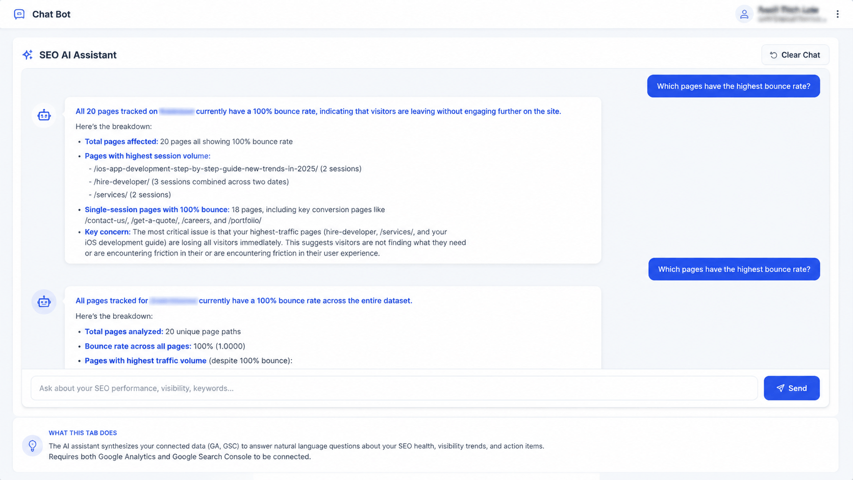 SEO AI assistant conversation answering which pages have the highest bounce rate with specific page paths, session counts and a diagnosis