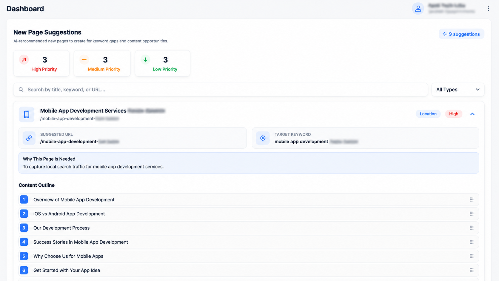 Priority recommendations list with per-item detail and status
