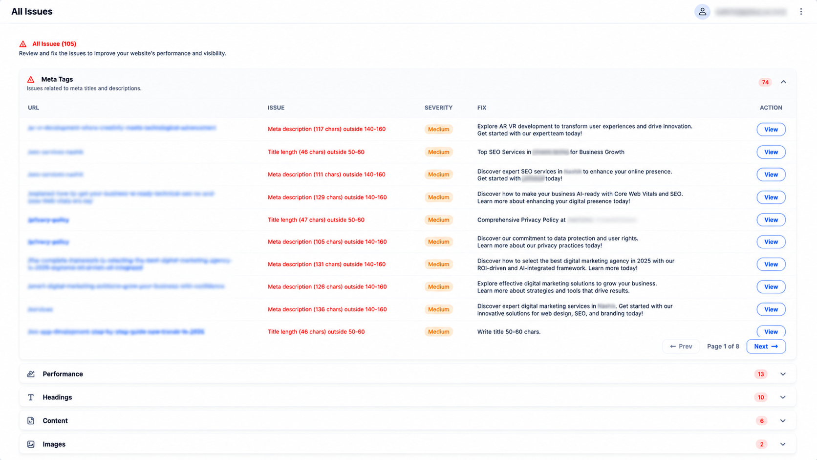 All issues screen listing meta tag problems by URL with severity and a suggested replacement meta description for each