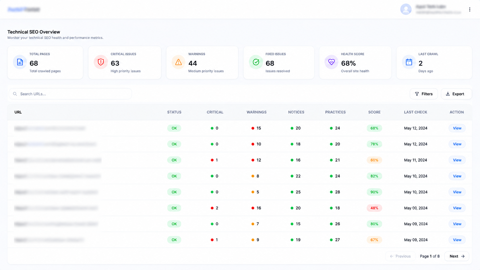Technical SEO issues table showing HTTPS, viewport, mixed content, JS, CSS, Open Graph, X-Robots, HTML size and cache status for each URL